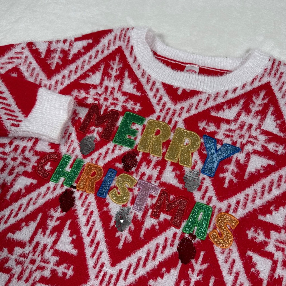 Holiday Time Womens XL/XG Christmas Fairisle Sweater Red White Glitter